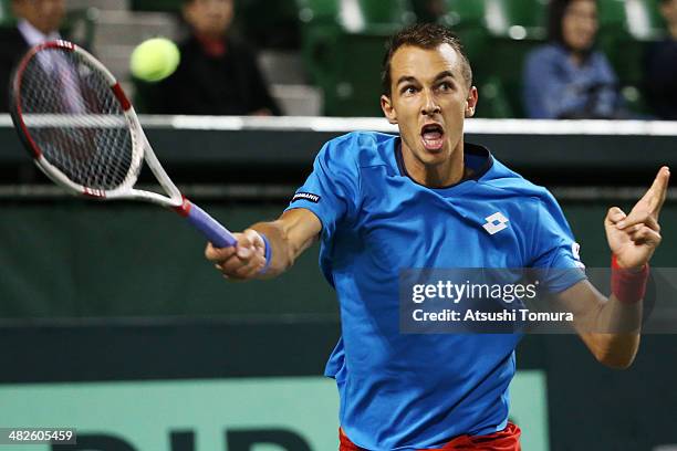 Lukas Rosol of Czech Republic in action against Taro Daniel of Japan in a match between Japan v Czech Republic during the Davis Cup world group...