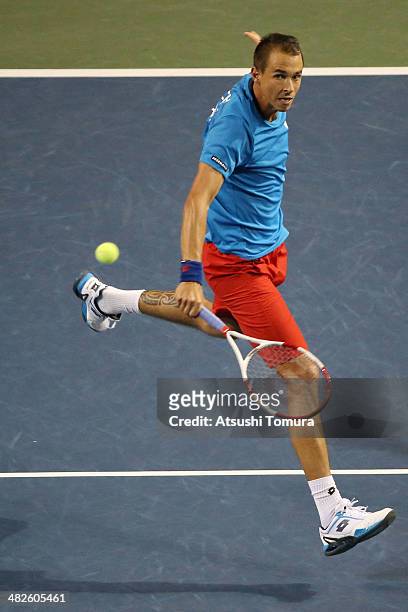 Lukas Rosol of Czech Republic in action against Taro Daniel of Japan in a match between Japan v Czech Republic during the Davis Cup world group...