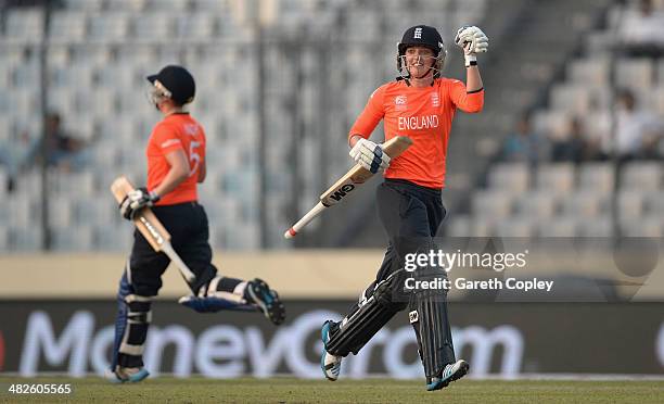 Sarah Taylor of England celebrates hitting the winning runs to win the ICC Womens World Twenty20 Bangladesh 2014 semi final between England and South...