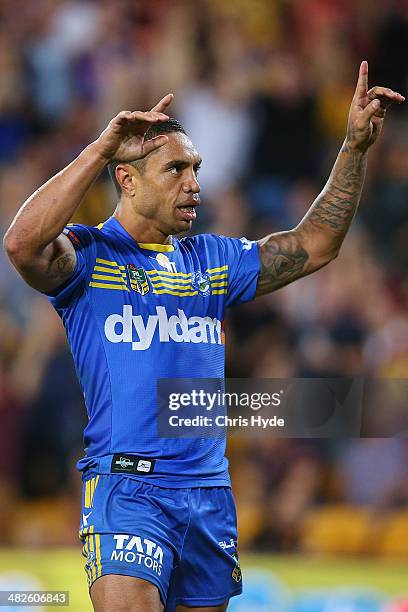 Willie Tonga of the Eels celebrates after scoring a breakaway try during the round five NRL match between the Brisbane Broncos and Parramatta Eels at...