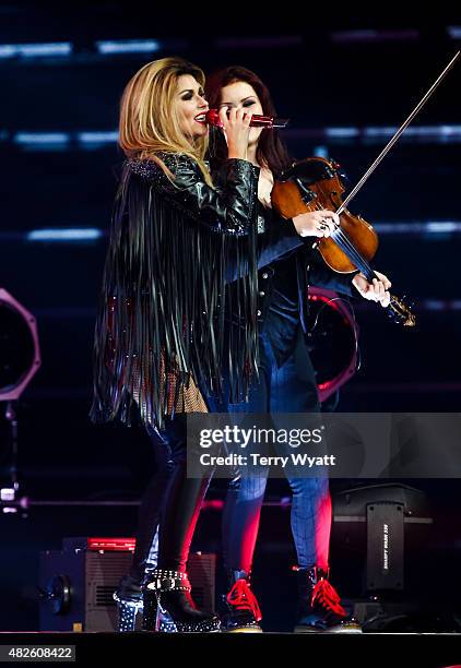 Singer-songwriter Shania Twain performs during the Rock This Country tour at Bridgestone Arena on July 31, 2015 in Nashville, Tennessee.