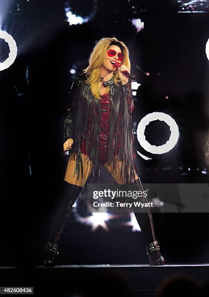 Singer-songwriter Shania Twain performs during the Rock This Country tour at Bridgestone Arena on July 31, 2015 in Nashville, Tennessee.