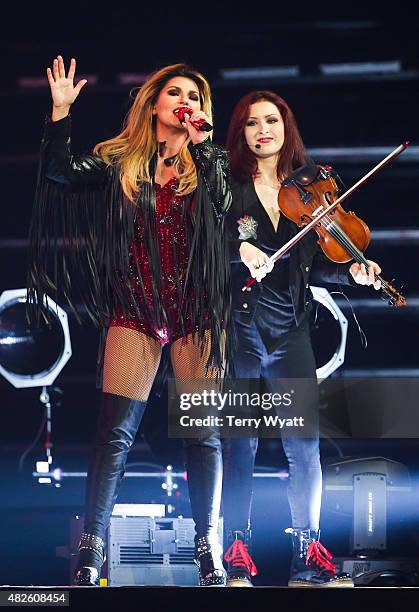 Singer-songwriter Shania Twain performs during the Rock This Country tour at Bridgestone Arena on July 31, 2015 in Nashville, Tennessee.