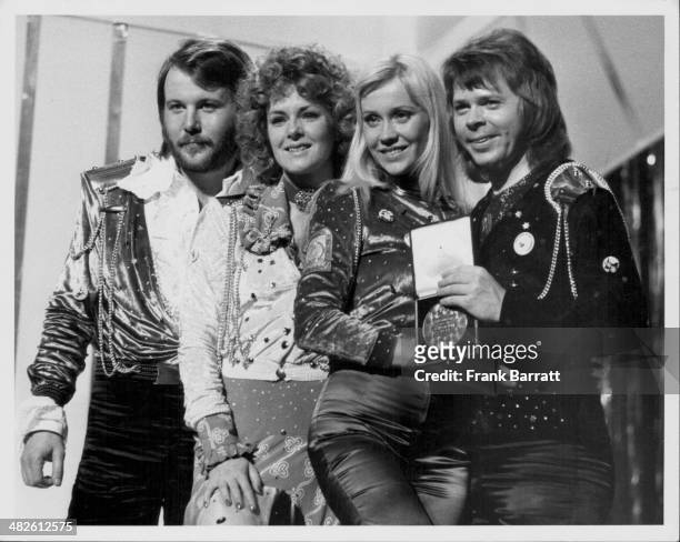 Swedish pop group Abba on stage, after winning the Eurovision Song Contest, Brighton, England, April 7th 1974.