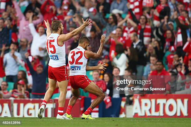 Lewis Jetta of the Swans celebrates scoring a goal during the round 18 AFL match between the Sydney Swans and the Adelaide Crows at Sydney Cricket...