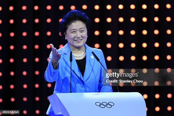 Liu Yandong, Vice Premier of the State Council of China Republic and Head of the Delegation of the Beijing 2022 Winter Olympic Games speaks during...