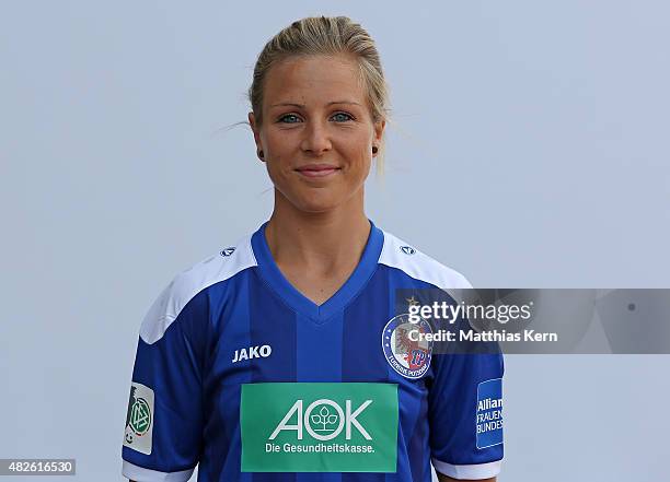 Svenja Huth poses during the official women's team presentation of 1.FFC Turbine Potsdam at Luftschiffhafen on July 31, 2015 in Potsdam, Germany.