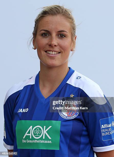 Lia Waelti poses during the official women's team presentation of 1.FFC Turbine Potsdam at Luftschiffhafen on July 31, 2015 in Potsdam, Germany.