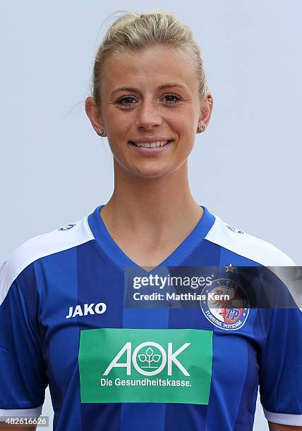Johanna Elsig poses during the official women's team presentation of 1.FFC Turbine Potsdam at Luftschiffhafen on July 31, 2015 in Potsdam, Germany.