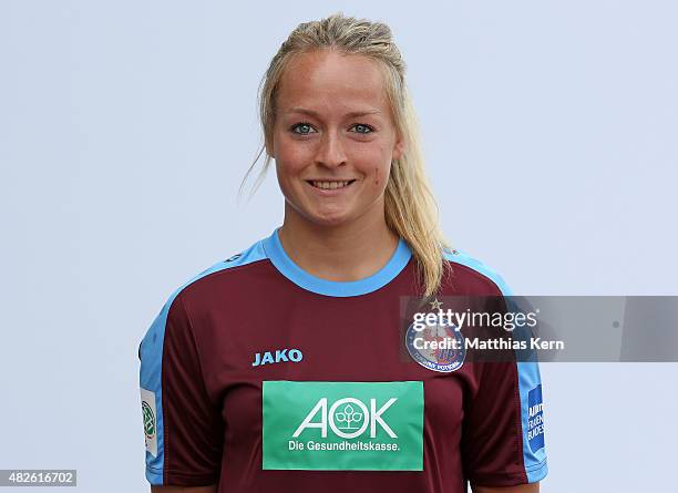 Lisa Schmitz poses during the official women's team presentation of 1.FFC Turbine Potsdam at Luftschiffhafen on July 31, 2015 in Potsdam, Germany.