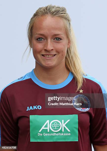 Lisa Schmitz poses during the official women's team presentation of 1.FFC Turbine Potsdam at Luftschiffhafen on July 31, 2015 in Potsdam, Germany.