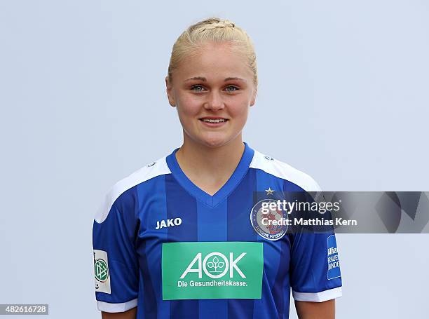 Victoria Krug poses during the official women's team presentation of 1.FFC Turbine Potsdam at Luftschiffhafen on July 31, 2015 in Potsdam, Germany.