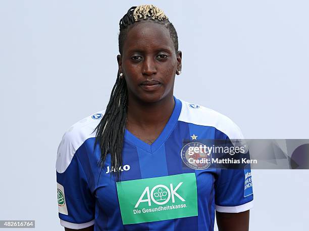 Marina Makanza poses during the official women's team presentation of 1.FFC Turbine Potsdam at Luftschiffhafen on July 31, 2015 in Potsdam, Germany.