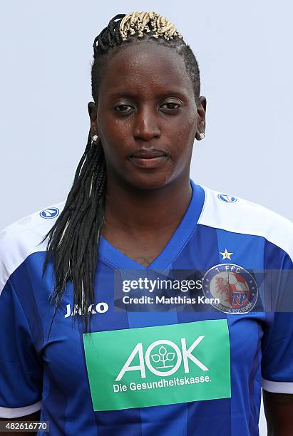 Marina Makanza poses during the official women's team presentation of 1.FFC Turbine Potsdam at Luftschiffhafen on July 31, 2015 in Potsdam, Germany.