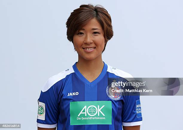 Asano Nagasato poses during the official women's team presentation of 1.FFC Turbine Potsdam at Luftschiffhafen on July 31, 2015 in Potsdam, Germany.
