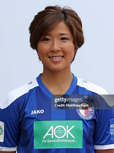 Asano Nagasato poses during the official women's team presentation of 1.FFC Turbine Potsdam at Luftschiffhafen on July 31, 2015 in Potsdam, Germany.