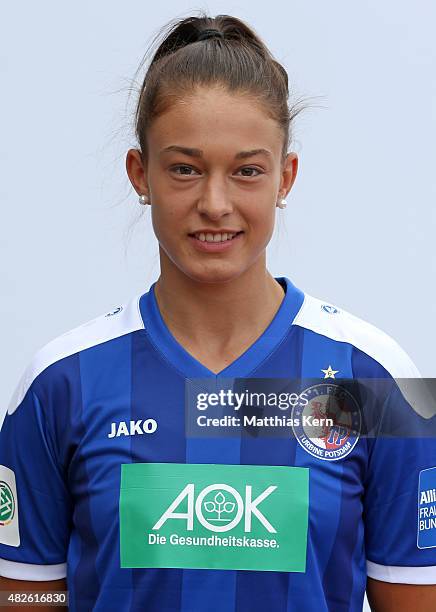 Felicitas Rauch poses during the official women's team presentation of 1.FFC Turbine Potsdam at Luftschiffhafen on July 31, 2015 in Potsdam, Germany.