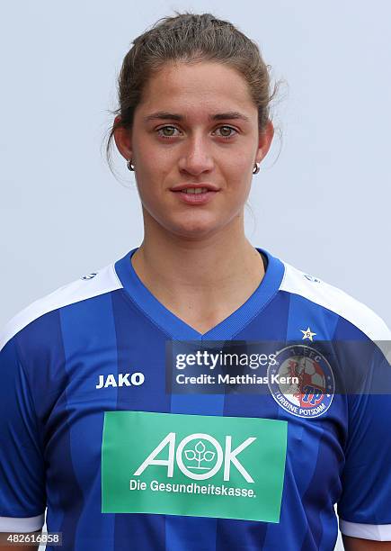 Wibke Meister poses during the official women's team presentation of 1.FFC Turbine Potsdam at Luftschiffhafen on July 31, 2015 in Potsdam, Germany.