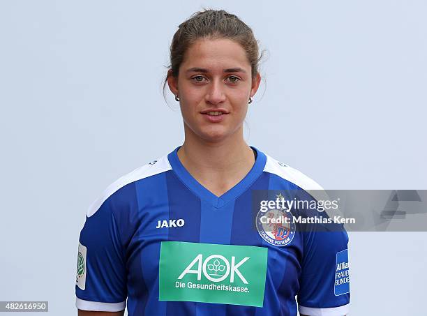 Wibke Meister poses during the official women's team presentation of 1.FFC Turbine Potsdam at Luftschiffhafen on July 31, 2015 in Potsdam, Germany.