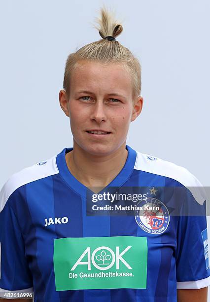 Jolanta Siwinska poses during the official women's team presentation of 1.FFC Turbine Potsdam at Luftschiffhafen on July 31, 2015 in Potsdam, Germany.