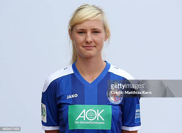 Magdalena Szaj poses during the official women's team presentation of 1.FFC Turbine Potsdam at Luftschiffhafen on July 31, 2015 in Potsdam, Germany.