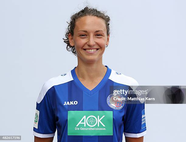 IIaria Mauro poses during the official women's team presentation of 1.FFC Turbine Potsdam at Luftschiffhafen on July 31, 2015 in Potsdam, Germany.