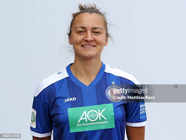 Lidija Kulis poses during the official women's team presentation of 1.FFC Turbine Potsdam at Luftschiffhafen on July 31, 2015 in Potsdam, Germany.