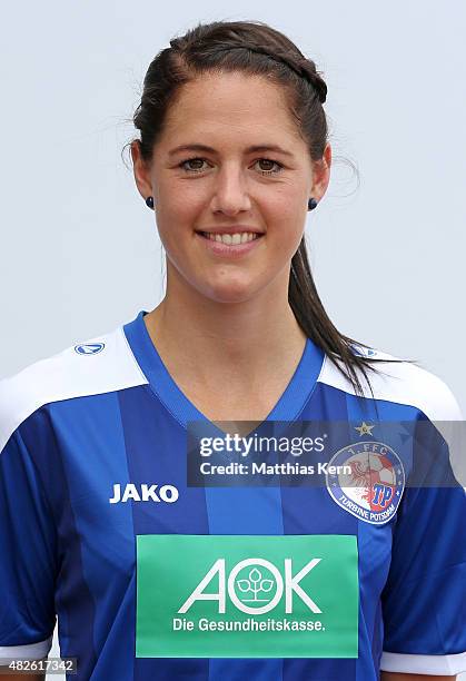 Inka Wesely poses during the official women's team presentation of 1.FFC Turbine Potsdam at Luftschiffhafen on July 31, 2015 in Potsdam, Germany.