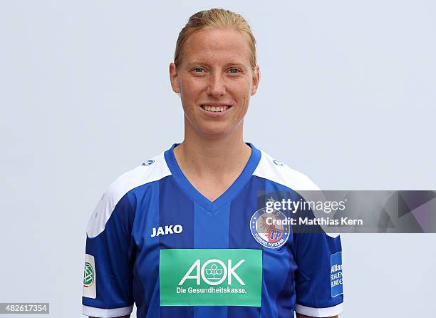 Stefanie Draws poses during the official women's team presentation of 1.FFC Turbine Potsdam at Luftschiffhafen on July 31, 2015 in Potsdam, Germany.