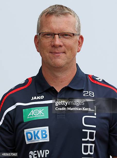 Assistant coach Dirk Heinrichs poses during the official women's team presentation of 1.FFC Turbine Potsdam at Luftschiffhafen on July 31, 2015 in...