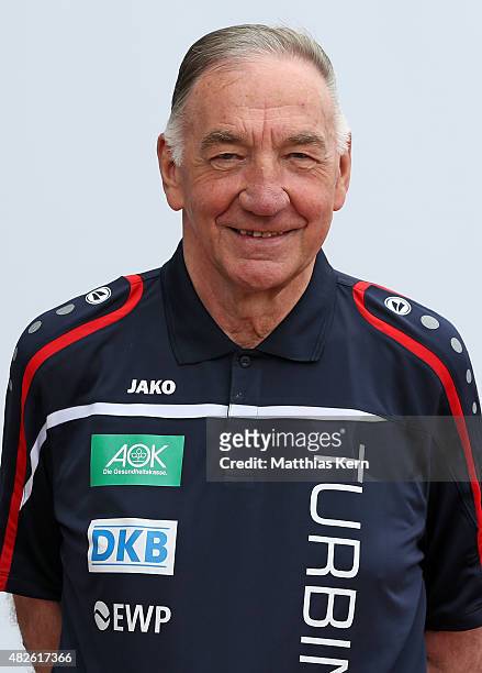 Head coach Bernd Schroeder poses during the official women's team presentation of 1.FFC Turbine Potsdam at Luftschiffhafen on July 31, 2015 in...