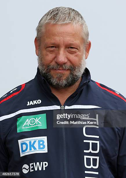 Bus driver Rene Miehe poses during the official women's team presentation of 1.FFC Turbine Potsdam at Luftschiffhafen on July 31, 2015 in Potsdam,...