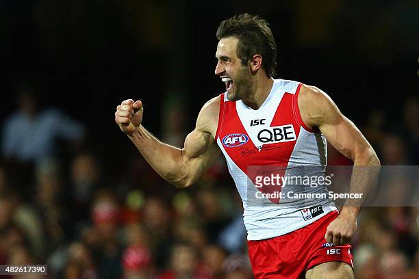 Josh Kennedy of the Swans celebrates scoring a goal during the round 18 AFL match between the Sydney Swans and the Adelaide Crows at Sydney Cricket...
