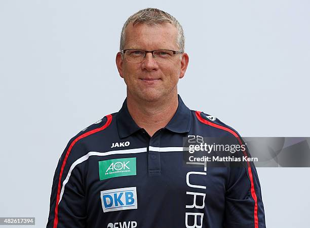 Assistant coach Dirk Heinrichs poses during the official women's team presentation of 1.FFC Turbine Potsdam at Luftschiffhafen on July 31, 2015 in...