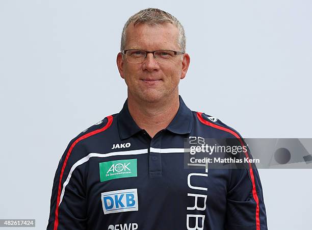 Assistant coach Dirk Heinrichs poses during the official women's team presentation of 1.FFC Turbine Potsdam at Luftschiffhafen on July 31, 2015 in...