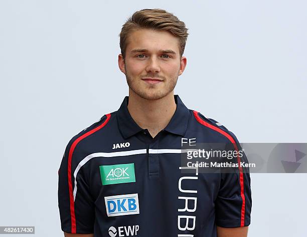 Goalkeeper coach Fabian Eberle poses during the official women's team presentation of 1.FFC Turbine Potsdam at Luftschiffhafen on July 31, 2015 in...