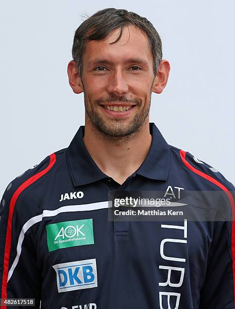 Athletic coach Patrick Rotter poses during the official women's team presentation of 1.FFC Turbine Potsdam at Luftschiffhafen on July 31, 2015 in...