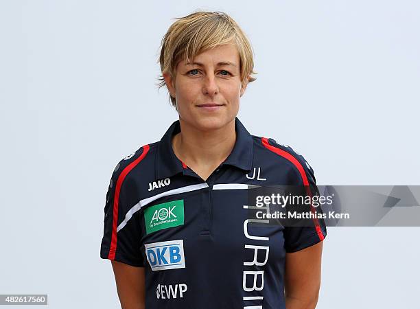 Athletic coach Jana Landvogt poses during the official women's team presentation of 1.FFC Turbine Potsdam at Luftschiffhafen on July 31, 2015 in...