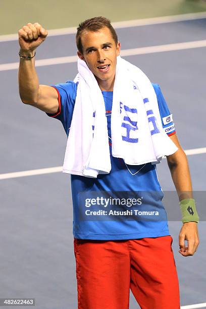 Lukas Rosol of Czech Republic reacts after winning the match against Taro Daniel of Japan in a match between Japan v Czech Republic during the Davis...