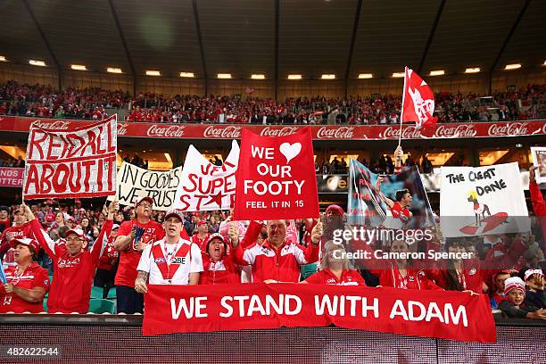 Swans fans celebrate winning the round 18 AFL match between the Sydney Swans and the Adelaide Crows at Sydney Cricket Ground on August 1, 2015 in...