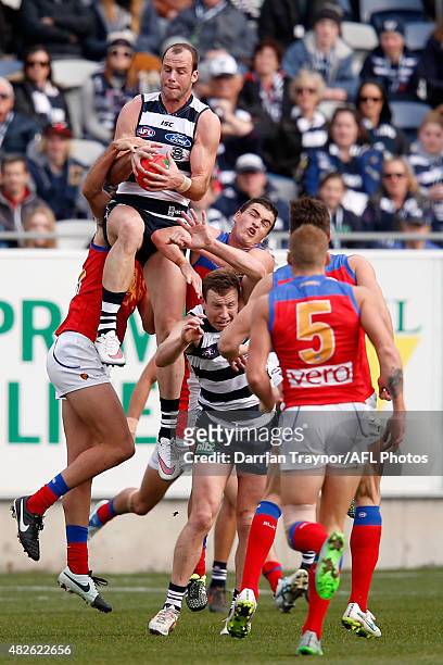 Josh Walker of the Cats marks the ball during the round 18 AFL match between the Geelong Cats and the Brisbane Lions at Simonds Stadium on August 1,...