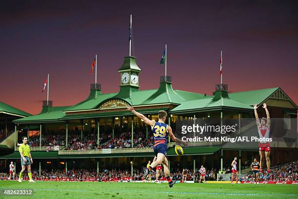 Riley Knight of the Crows kicks at goal during the round 18 AFL match between the Sydney Swans and the Adelaide Crows at Sydney Cricket Ground on...