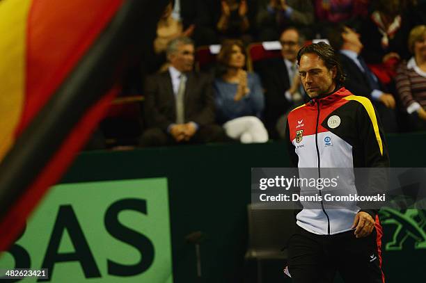 Team captain Carsten Arriens of Germany enters the court during day 1 of the Davis Cup Quarter Final match between France and Germany on April 4,...