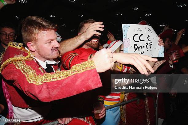 Fans welcome the players fo the Super League Darts Final between Warren Parry and Craig Caldwell at Sky City on August 1, 2015 in Auckland, New...