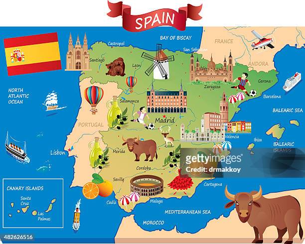 cartoon map of spain - bay of biscay stock illustrations