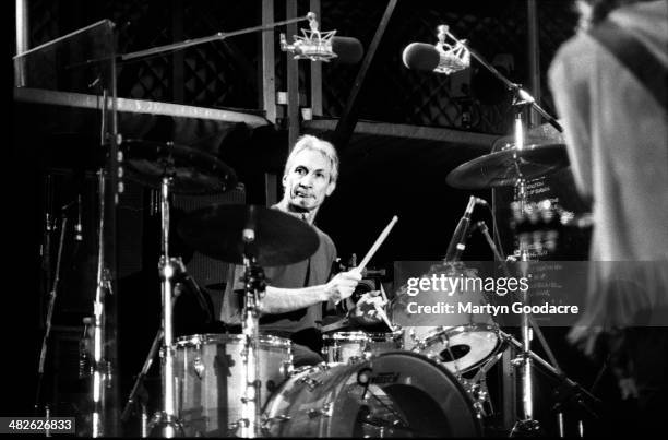 Charlie Watts performs on stage with The Rolling Stones at the Don Valley Arena, Sheffield, United Kingdom, 1995.