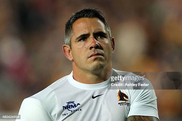 Corey Parker of the Broncos looks on during the warm up during the round 21 NRL match between the Manly Sea Eagles and the Brisbane Broncos at...