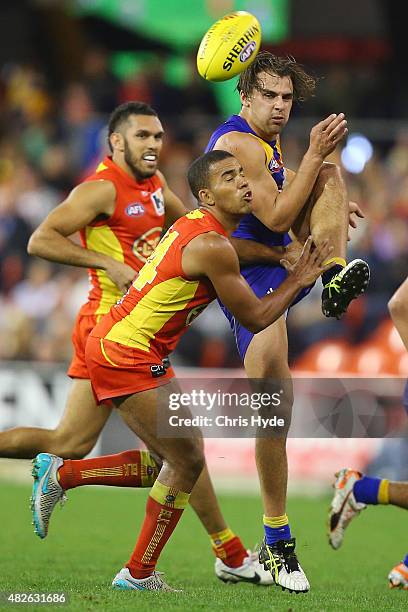 Dom Sheed of the Eagles kicks during the round 18 AFL match between the Gold Coast Suns and the West Coast Eagles at Metricon Stadium on August 1,...