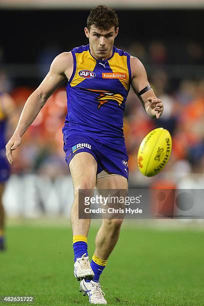 Luke Shuey of the Eagles kicks during the round 18 AFL match between the Gold Coast Suns and the West Coast Eagles at Metricon Stadium on August 1,...