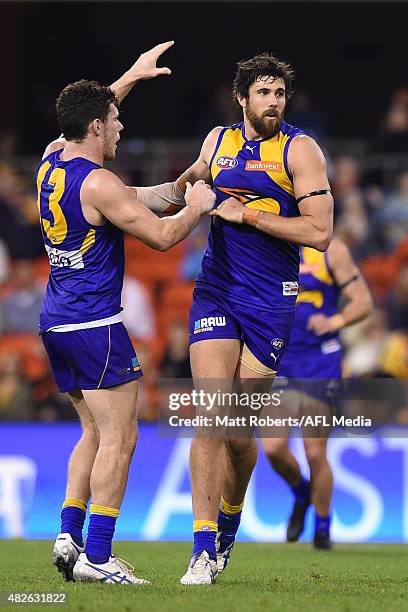 Josh Kennedy of the Eagles celebrates kicking a goal during the round 18 AFL match between the Gold Coast Suns and the West Coast Eagles at Metricon...